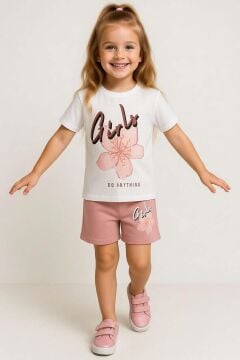 Kız Çocuk Üzeri Girl Yazı ve Lale Detaylı T-Shirt Pudra Şortlu Takım