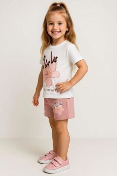 Kız Çocuk Üzeri Girl Yazı ve Lale Detaylı T-Shirt Pudra Şortlu Takım