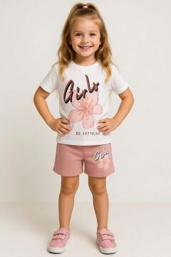 Kız Çocuk Üzeri Girl Yazı ve Lale Detaylı T-Shirt Pudra Şortlu Takım