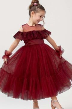 Kız Çocuk Yakası Transparan Omzu Açık Göğsü ve Kolları Güpür İşlemeli Bordo Abiye
