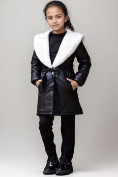 Kız Çocuk Yakası Kürk ve Taş Düğme Detaylı Siyah Deri Alt Üst Takım Kaban Mont
