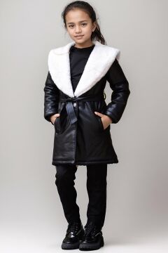 Kız Çocuk Yakası Kürk ve Taş Düğme Detaylı Siyah Deri Alt Üst Takım Kaban Mont