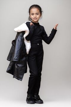 Kız Çocuk Yakası Kürk ve Taş Düğme Detaylı Siyah Deri Alt Üst Takım Kaban Mont