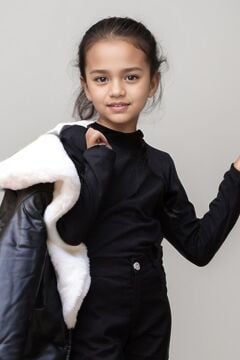 Kız Çocuk Yakası Kürk ve Taş Düğme Detaylı Siyah Deri Alt Üst Takım Kaban Mont