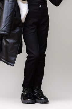 Kız Çocuk Yakası Kürk ve Taş Düğme Detaylı Siyah Deri Alt Üst Takım Kaban Mont