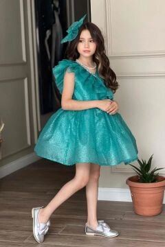 Kız Çocuk Omuzdan Göğse Fırfır Detaylı Taş İşlemeli Üzeri Simli Kabarık Abiye