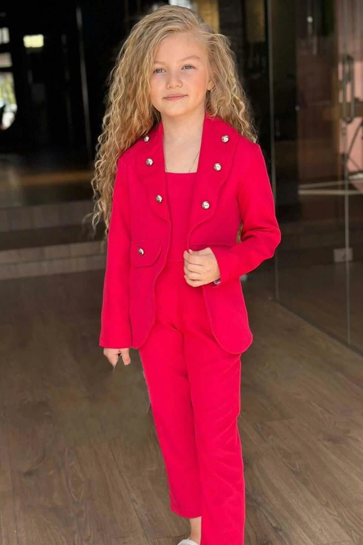 Kız Çocuk Gümüş Düğme Detaylı Blazer Ceket ve Fuşya Alt Üst Takım