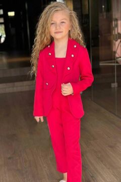 Kız Çocuk Gümüş Düğme Detaylı Blazer Ceket ve Fuşya Alt Üst Takım