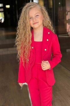 Kız Çocuk Gümüş Düğme Detaylı Blazer Ceket ve Fuşya Alt Üst Takım