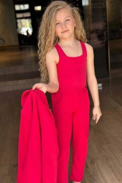 Kız Çocuk Gümüş Düğme Detaylı Blazer Ceket ve Fuşya Alt Üst Takım