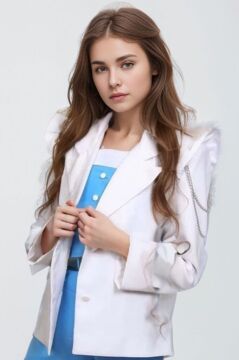 Kız Çocuk Zincir ve Omuzu Fırfırlı Blazer Ceket ve İspanyol Paça Mavi Pantolon Alt Üst Takım