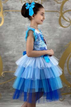 Kız Çocuk Karlar Kraliçesi Baskılı Üstü Pulpayet Tüllü Mavi Elbise