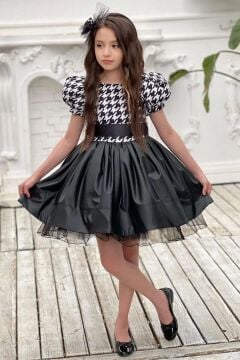 Kız Çocuk Bisiklet Yaka Üzeri Kazayağı Baskılı Beli Kemerli Balon Kollu Deri Etekli Siyah Abiye