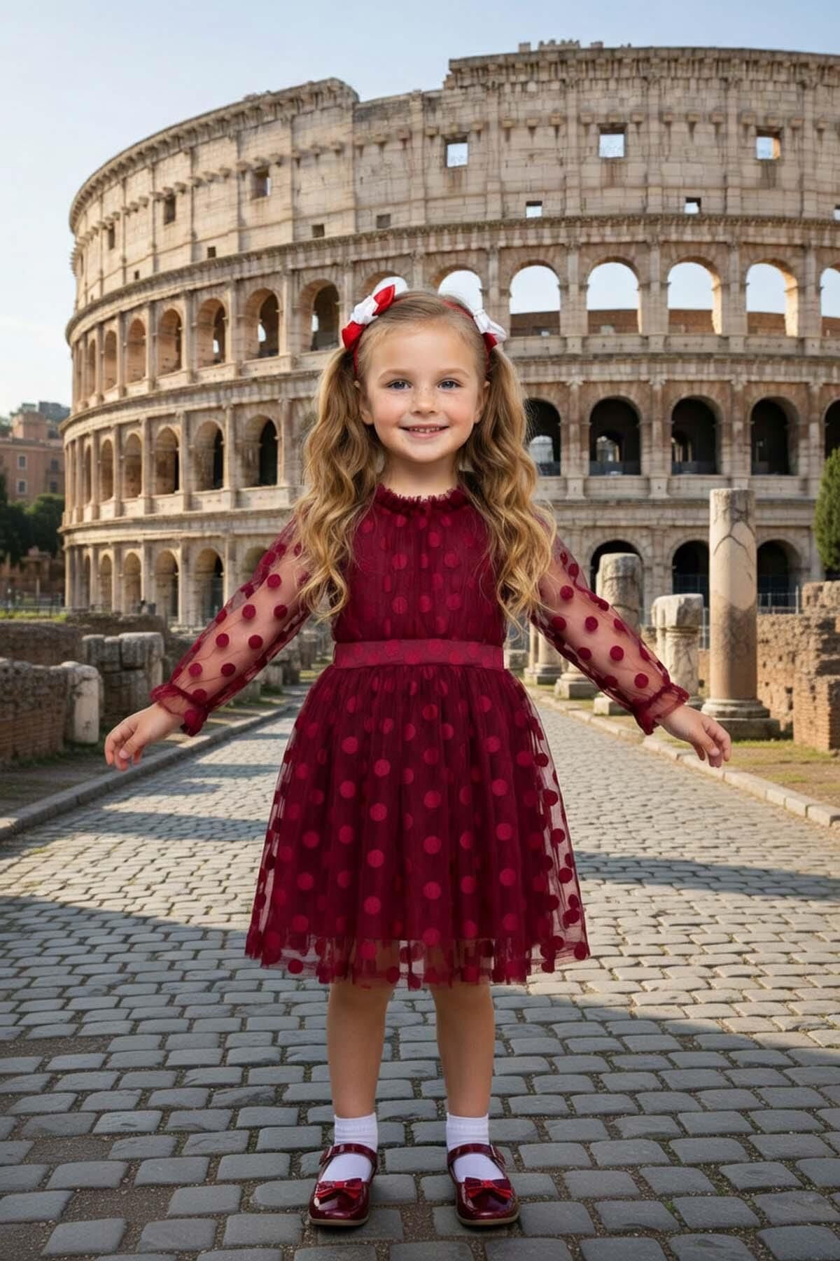 Kız Çocuk Kolları Şeffaf Tüllü Üzeri Benekli İçi Astarlı Bordo Elbise