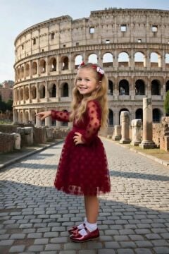 Kız Çocuk Kolları Şeffaf Tüllü Üzeri Benekli İçi Astarlı Bordo Elbise