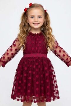 Kız Çocuk Kolları Şeffaf Tüllü Üzeri Benekli İçi Astarlı Bordo Elbise