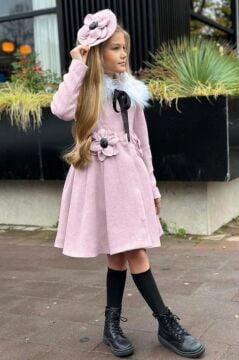 Kız Çocuk Kürk Yakalı Önü Çiçek Ve Elmas Taş Detaylı Pudra Kaşe