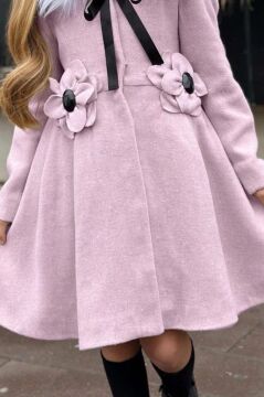 Kız Çocuk Kürk Yakalı Önü Çiçek Ve Elmas Taş Detaylı Pudra Kaşe