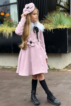 Kız Çocuk Kürk Yakalı Önü Çiçek Ve Elmas Taş Detaylı Pudra Kaşe