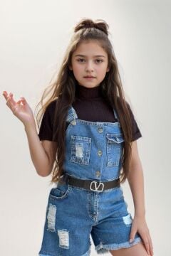 Kız Çocuk Boğazlı Yaka Tişört, Askılı Cep Detaylı Kot Şort Tulum