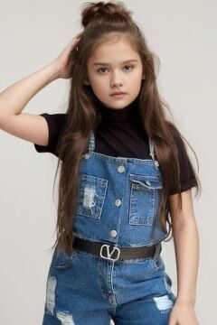 Kız Çocuk Boğazlı Yaka Tişört, Askılı Cep Detaylı Kot Şort Tulum