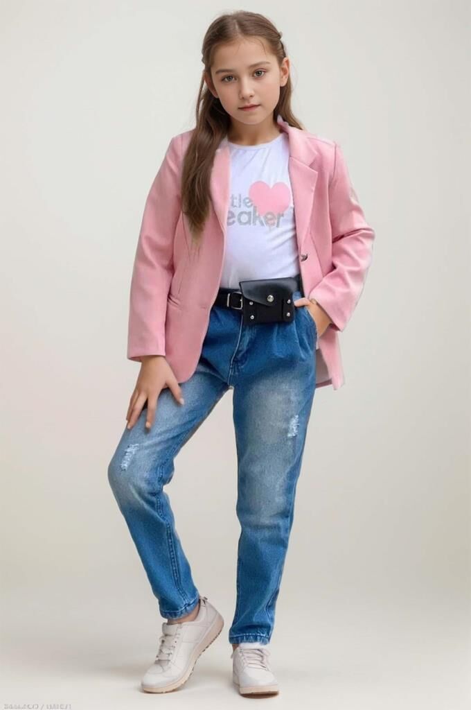 Kız Çocuk Kalp ve Little Baskılı Tişört ve Jean Pudra Blazer Ceket Alt Üst Takım