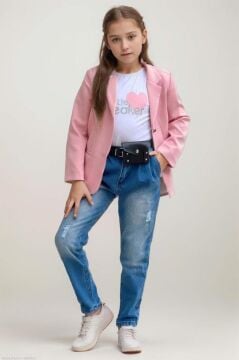 Kız Çocuk Kalp ve Little Baskılı Tişört ve Jean Pudra Blazer Ceket Alt Üst Takım