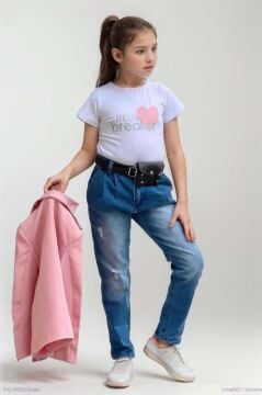 Kız Çocuk Kalp ve Little Baskılı Tişört ve Jean Pudra Blazer Ceket Alt Üst Takım