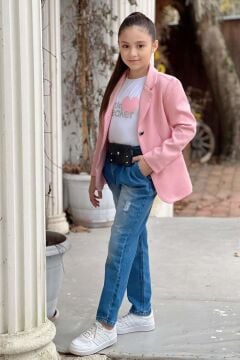 Kız Çocuk Kalp ve Little Baskılı Tişört ve Jean Pudra Blazer Ceket Alt Üst Takım