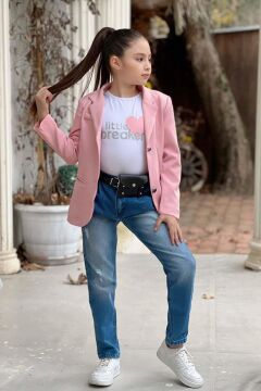 Kız Çocuk Kalp ve Little Baskılı Tişört ve Jean Pudra Blazer Ceket Alt Üst Takım