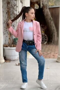 Kız Çocuk Kalp ve Little Baskılı Tişört ve Jean Pudra Blazer Ceket Alt Üst Takım