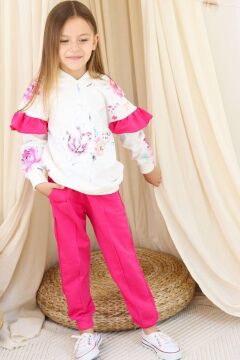 Kız Çocuk Kollarında Fırfır Detayı Üzerinde Gül Çiçek Baskılı Kapüşonlu Fuşya Eşofman Takım