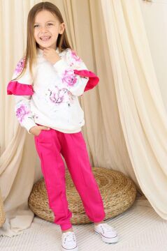 Kız Çocuk Kollarında Fırfır Detayı Üzerinde Gül Çiçek Baskılı Kapüşonlu Fuşya Eşofman Takım