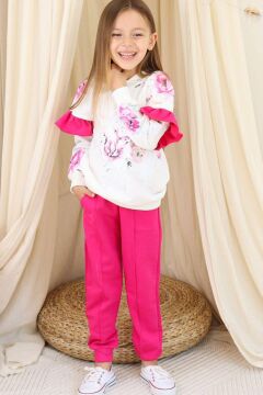 Kız Çocuk Kollarında Fırfır Detayı Üzerinde Gül Çiçek Baskılı Kapüşonlu Fuşya Eşofman Takım