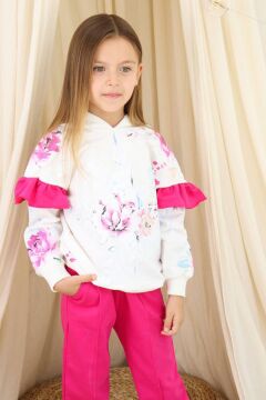 Kız Çocuk Kollarında Fırfır Detayı Üzerinde Gül Çiçek Baskılı Kapüşonlu Fuşya Eşofman Takım