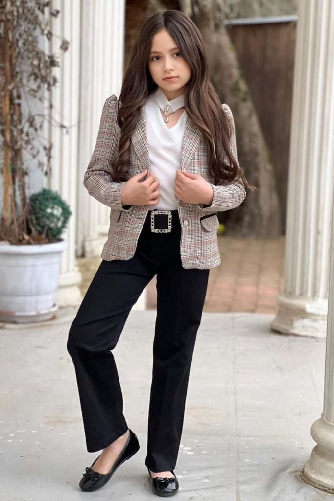 Kız Çocuk Yakası Açık Ve Taş Detaylı Bluz Ekose Çizgi Blazer Ceket Kemerli Siyah Alt Üst Takım