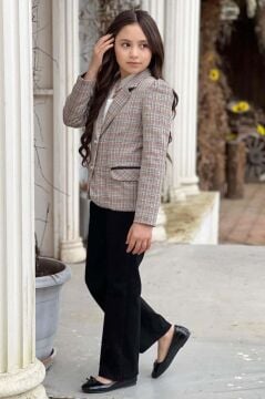 Kız Çocuk Yakası Açık Ve Taş Detaylı Bluz Ekose Çizgi Blazer Ceket Kemerli Siyah Alt Üst Takım