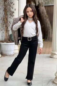 Kız Çocuk Yakası Açık Ve Taş Detaylı Bluz Ekose Çizgi Blazer Ceket Kemerli Siyah Alt Üst Takım