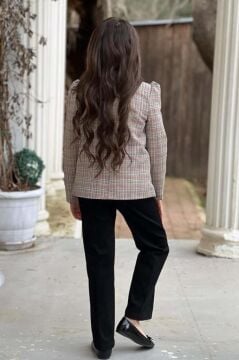 Kız Çocuk Yakası Açık Ve Taş Detaylı Bluz Ekose Çizgi Blazer Ceket Kemerli Siyah Alt Üst Takım