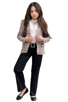 Kız Çocuk Yakası Açık Ve Taş Detaylı Bluz Ekose Çizgi Blazer Ceket Kemerli Siyah Alt Üst Takım