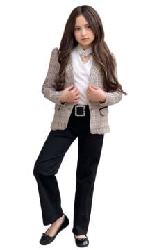 Kız Çocuk Yakası Açık Ve Taş Detaylı Bluz Ekose Çizgi Blazer Ceket Kemerli Siyah Alt Üst Takım