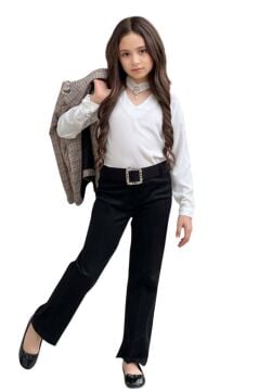 Kız Çocuk Yakası Açık Ve Taş Detaylı Bluz Ekose Çizgi Blazer Ceket Kemerli Siyah Alt Üst Takım