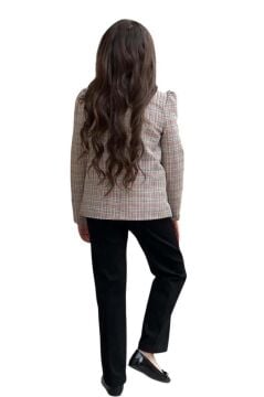 Kız Çocuk Yakası Açık Ve Taş Detaylı Bluz Ekose Çizgi Blazer Ceket Kemerli Siyah Alt Üst Takım