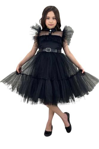 Kız Çocuk Gömlek Yaka Göğsü Ve Kolları Tül Detaylı Wednesday Siyah Elbise