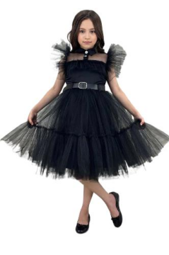 Kız Çocuk Gömlek Yaka Göğsü Ve Kolları Tül Detaylı Wednesday Siyah Elbise