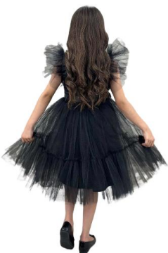 Kız Çocuk Gömlek Yaka Göğsü Ve Kolları Tül Detaylı Wednesday Siyah Elbise