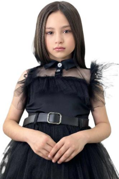 Kız Çocuk Gömlek Yaka Göğsü Ve Kolları Tül Detaylı Wednesday Siyah Elbise