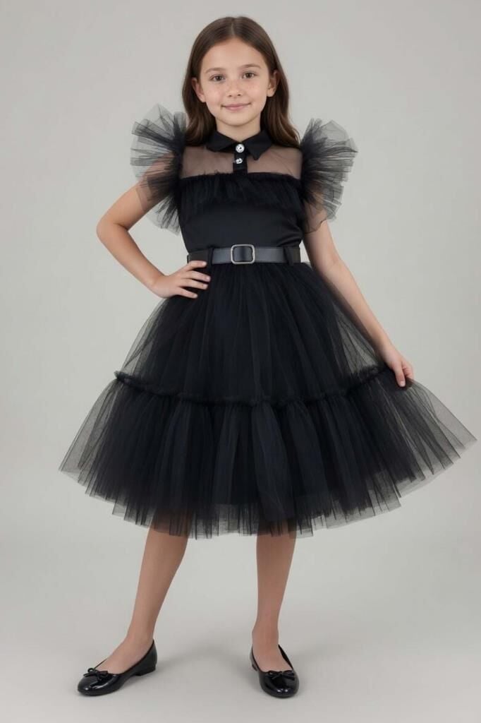 Kız Çocuk Gömlek Yaka Göğsü Ve Kolları Tül Detaylı Wednesday Siyah Elbise