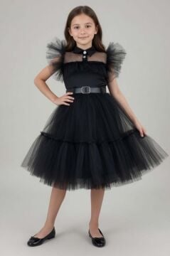 Kız Çocuk Gömlek Yaka Göğsü Ve Kolları Tül Detaylı Wednesday Siyah Elbise