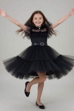 Kız Çocuk Gömlek Yaka Göğsü Ve Kolları Tül Detaylı Wednesday Siyah Elbise